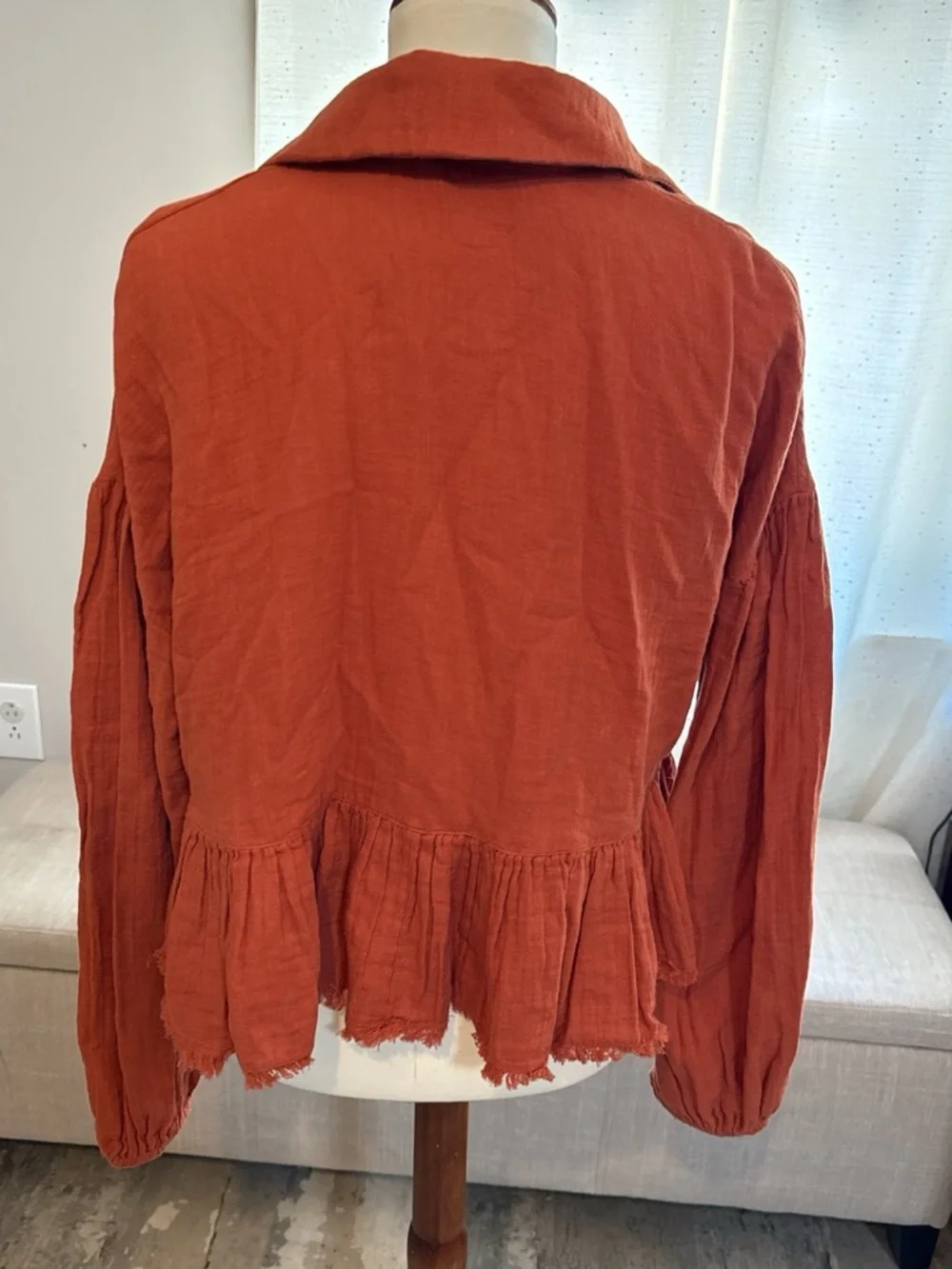 Free People Rust-Orange Ruffled Button Jacket - Picture 3 of 7